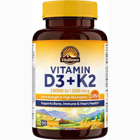 Vitalitown Vitamin D3 + K2 – 10,000 IU (90 Veggie Softgels)