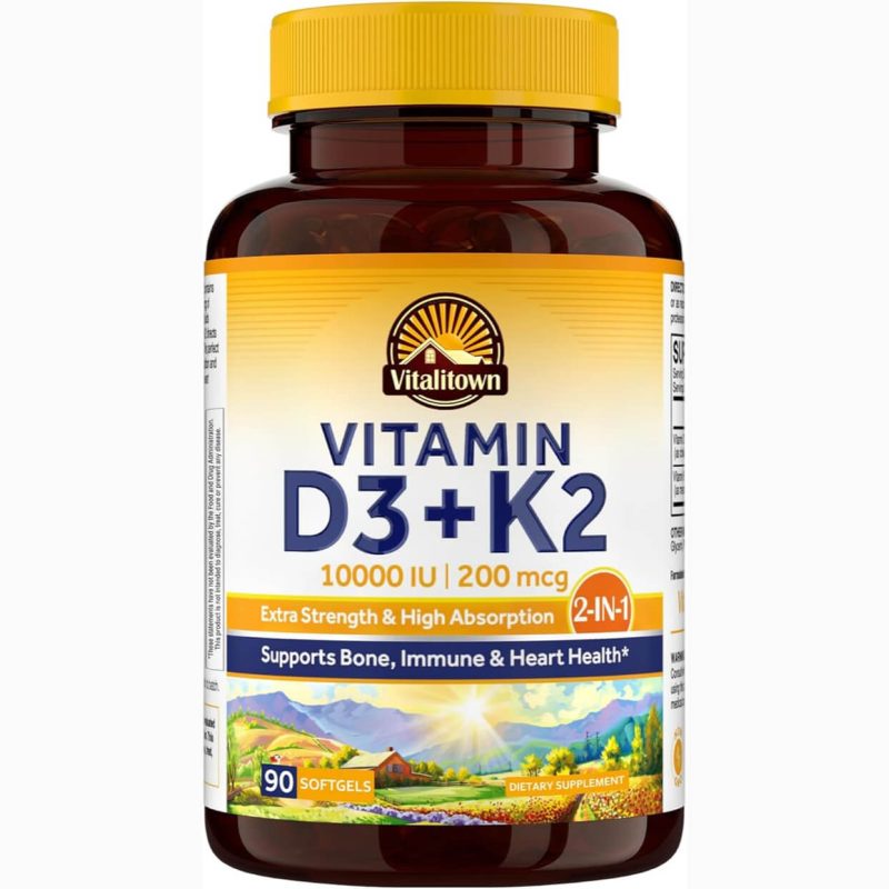 Vitalitown Vitamin D3 + K2 – 10,000 IU (90 Veggie Softgels)